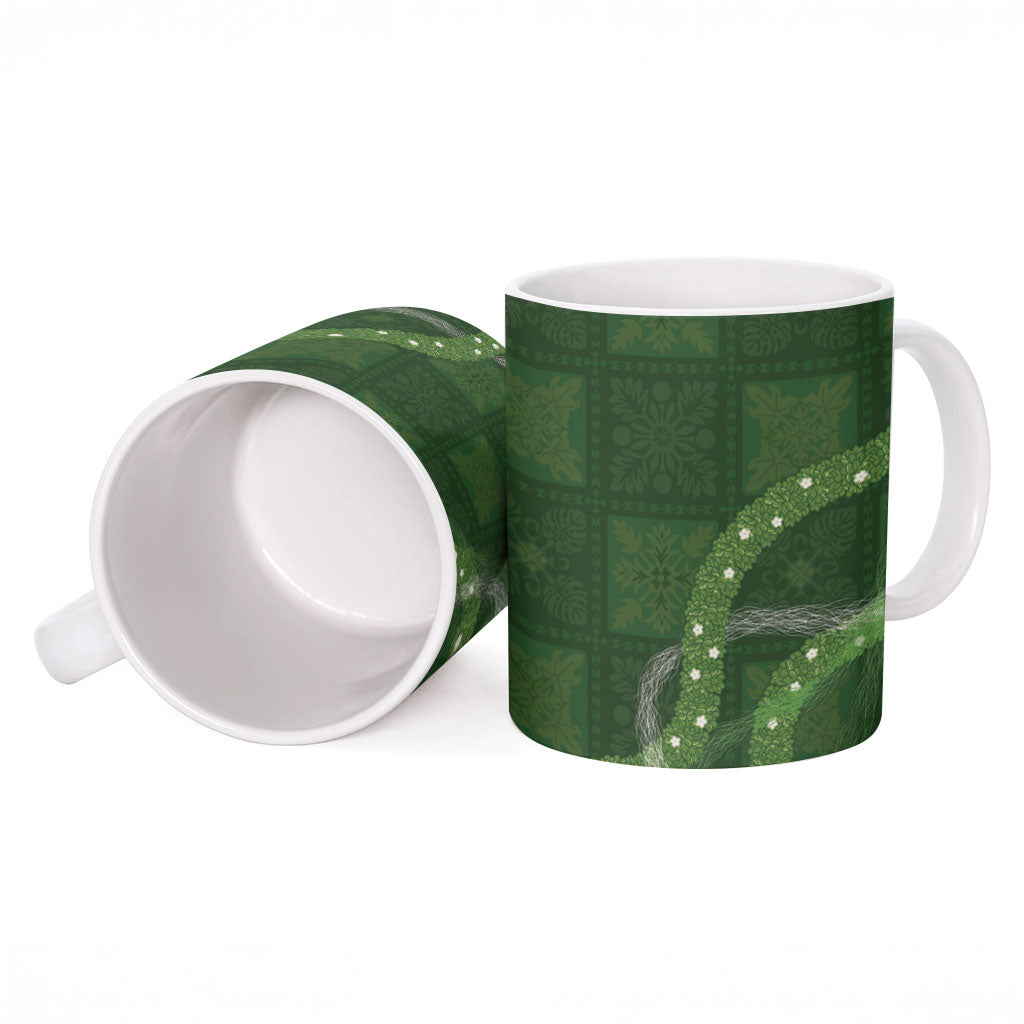 Hawaiian Quilt Ceramic Mug Pele Hair Hinahina Lei Green Version