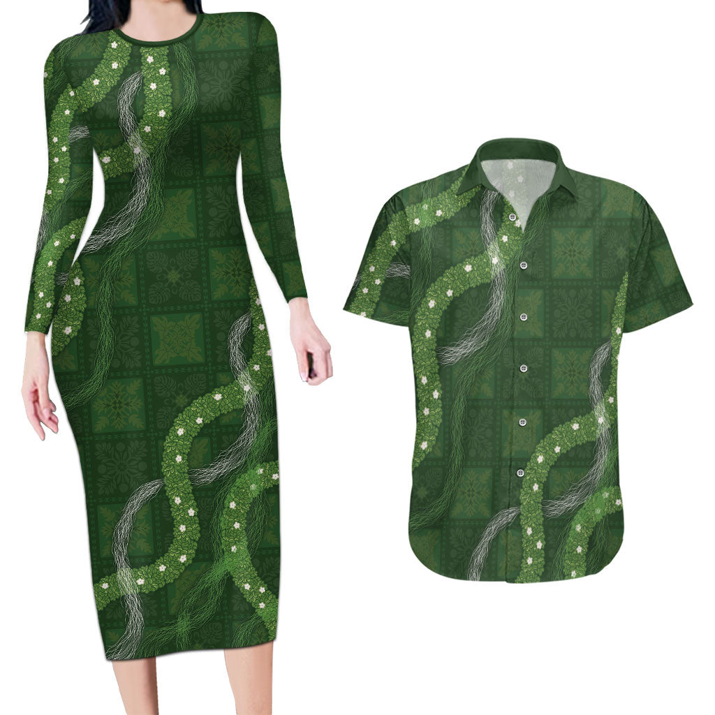 Hawaiian Quilt Couples Matching Long Sleeve Bodycon Dress and Hawaiian Shirt Pele Hair Hinahina Lei Green Version LT05 Green - Polynesian Pride