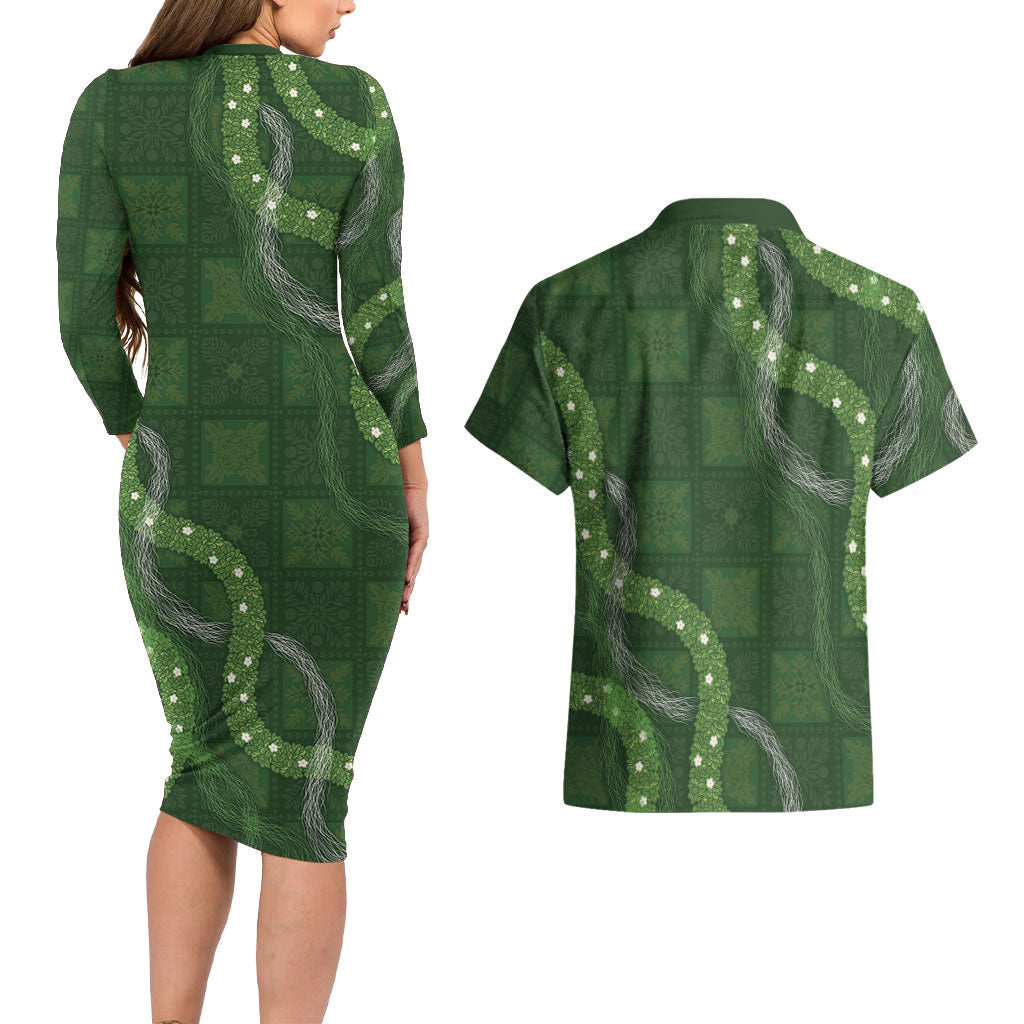 Hawaiian Quilt Couples Matching Long Sleeve Bodycon Dress and Hawaiian Shirt Pele Hair Hinahina Lei Green Version LT05 - Polynesian Pride