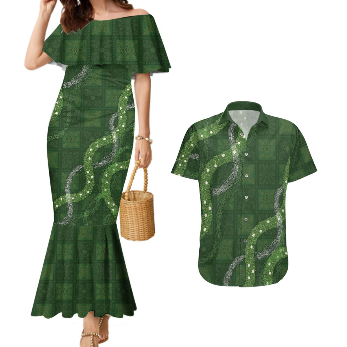 Hawaiian Quilt Couples Matching Mermaid Dress and Hawaiian Shirt Pele Hair Hinahina Lei Green Version LT05 Green - Polynesian Pride