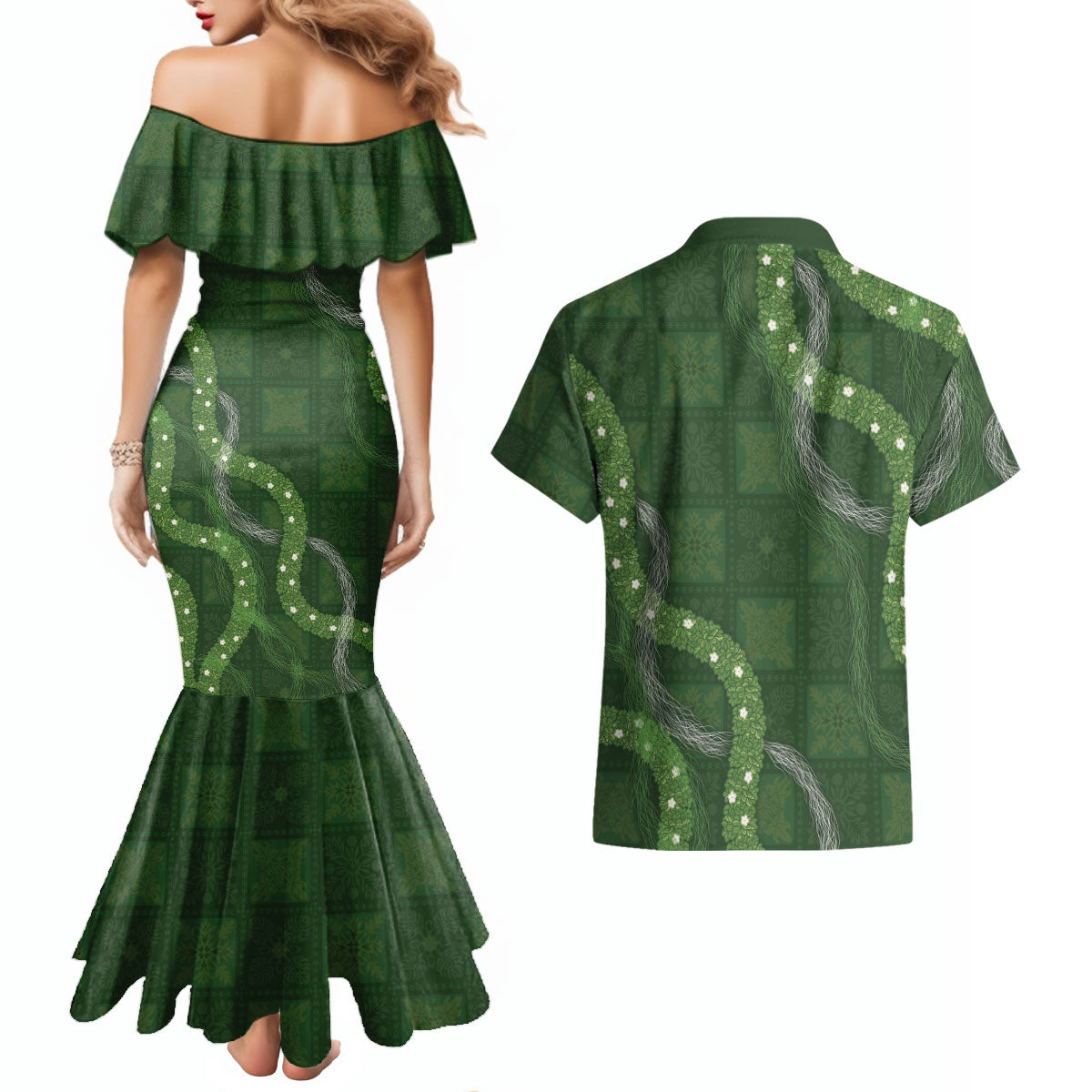 Hawaiian Quilt Couples Matching Mermaid Dress and Hawaiian Shirt Pele Hair Hinahina Lei Green Version LT05 - Polynesian Pride