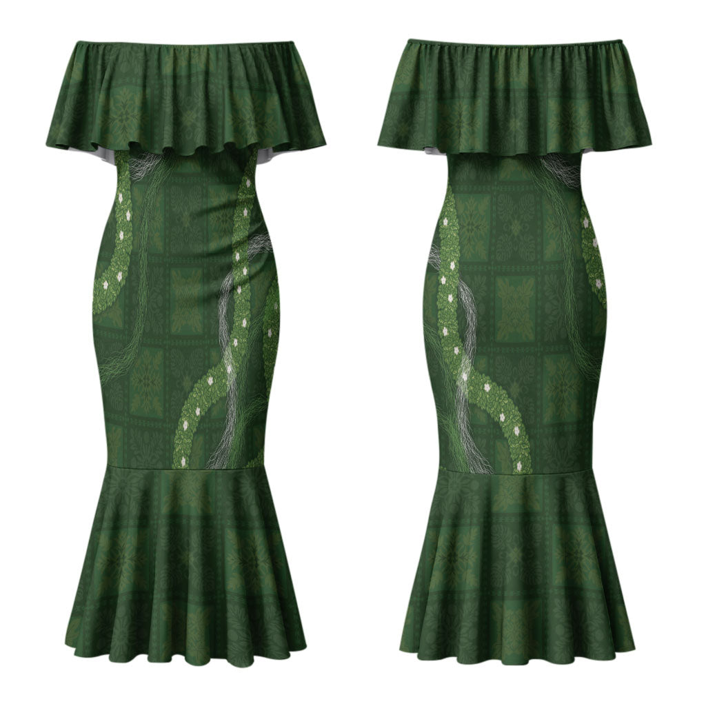 Hawaiian Quilt Couples Matching Mermaid Dress and Long Sleeve Button Shirt Pele Hair Hinahina Lei Green Version LT05 - Polynesian Pride