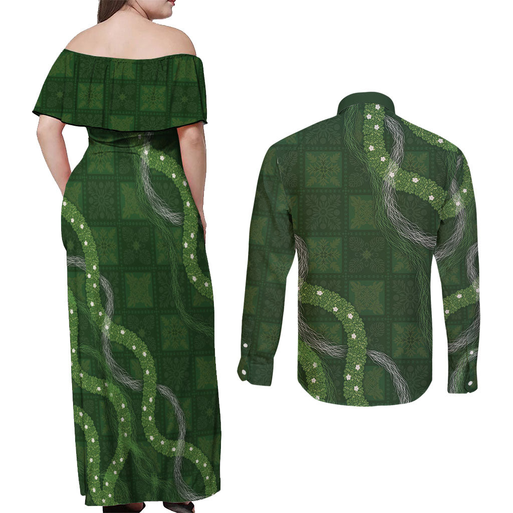 Hawaiian Quilt Couples Matching Off Shoulder Maxi Dress and Long Sleeve Button Shirt Pele Hair Hinahina Lei Green Version