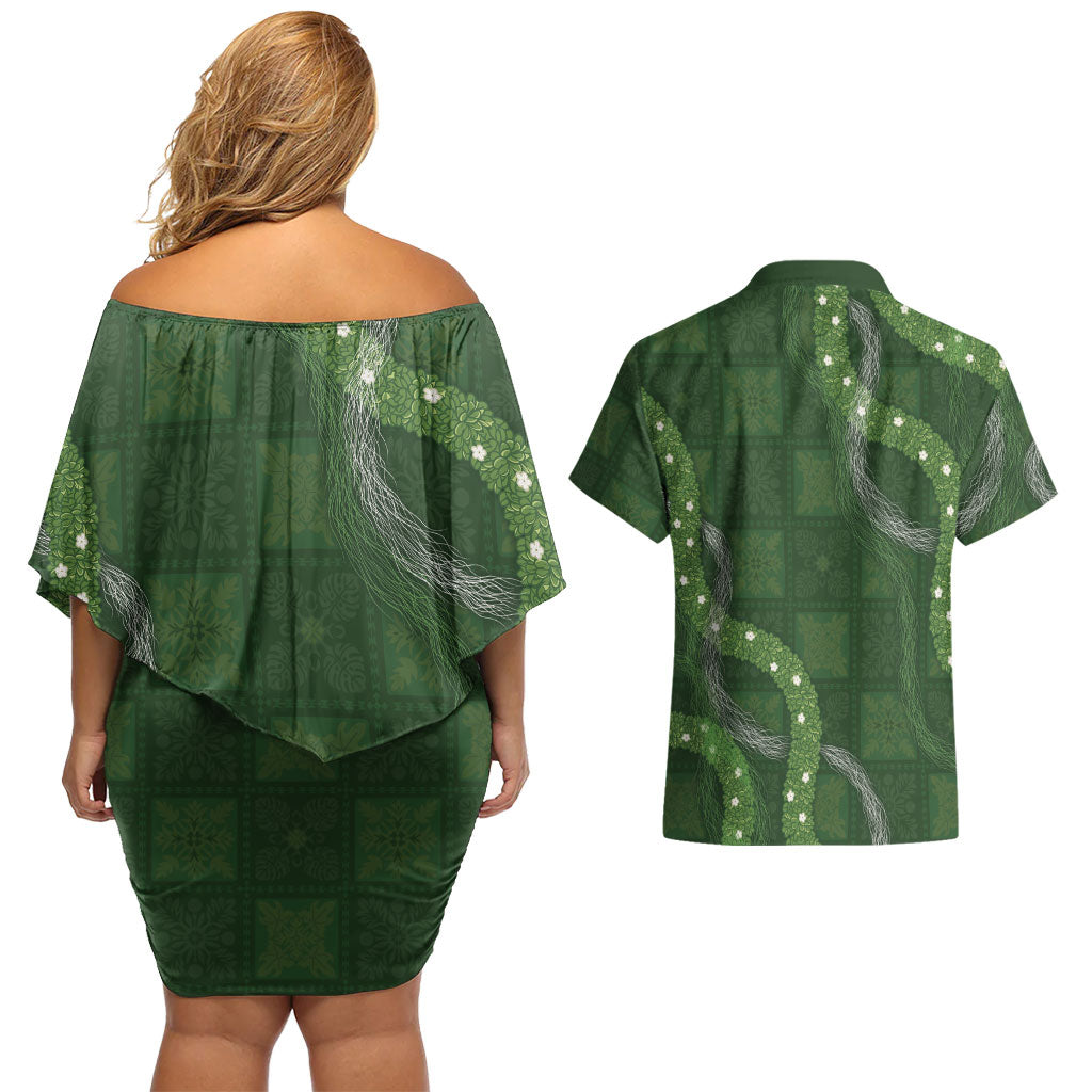 Hawaiian Quilt Couples Matching Off Shoulder Short Dress and Hawaiian Shirt Pele Hair Hinahina Lei Green Version LT05 - Polynesian Pride