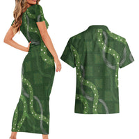 Hawaiian Quilt Couples Matching Short Sleeve Bodycon Dress and Hawaiian Shirt Pele Hair Hinahina Lei Green Version LT05 - Polynesian Pride