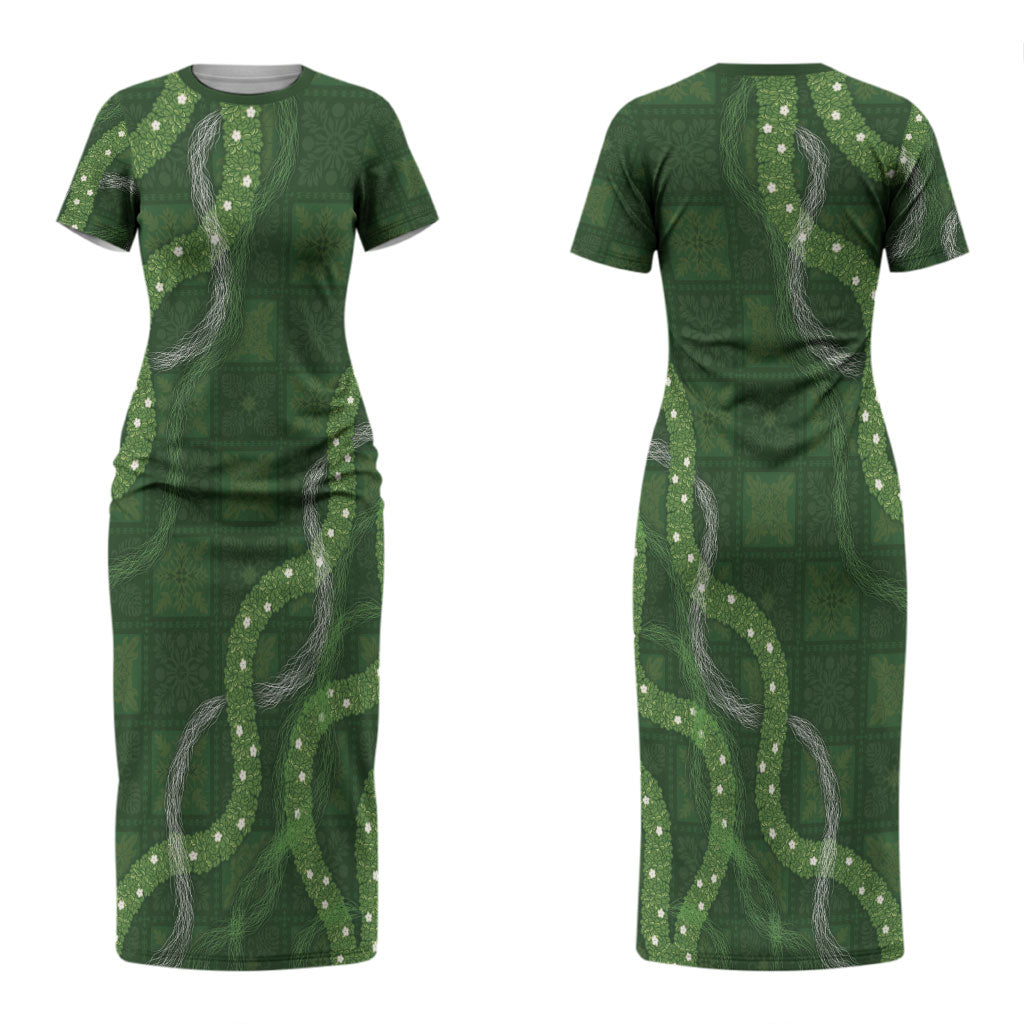 Hawaiian Quilt Couples Matching Short Sleeve Bodycon Dress and Hawaiian Shirt Pele Hair Hinahina Lei Green Version LT05 - Polynesian Pride