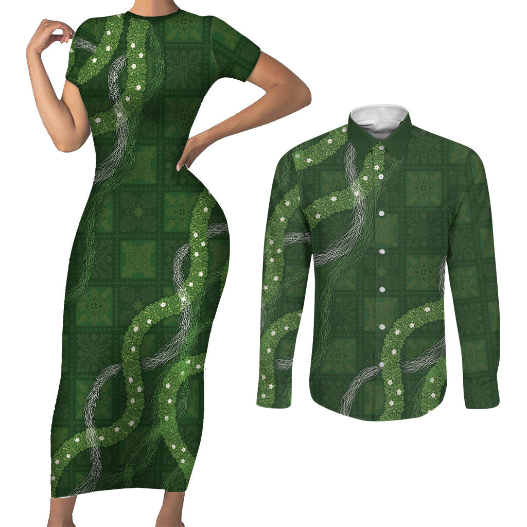 Hawaiian Quilt Couples Matching Short Sleeve Bodycon Dress and Long Sleeve Button Shirt Pele Hair Hinahina Lei Green Version LT05 Green - Polynesian Pride