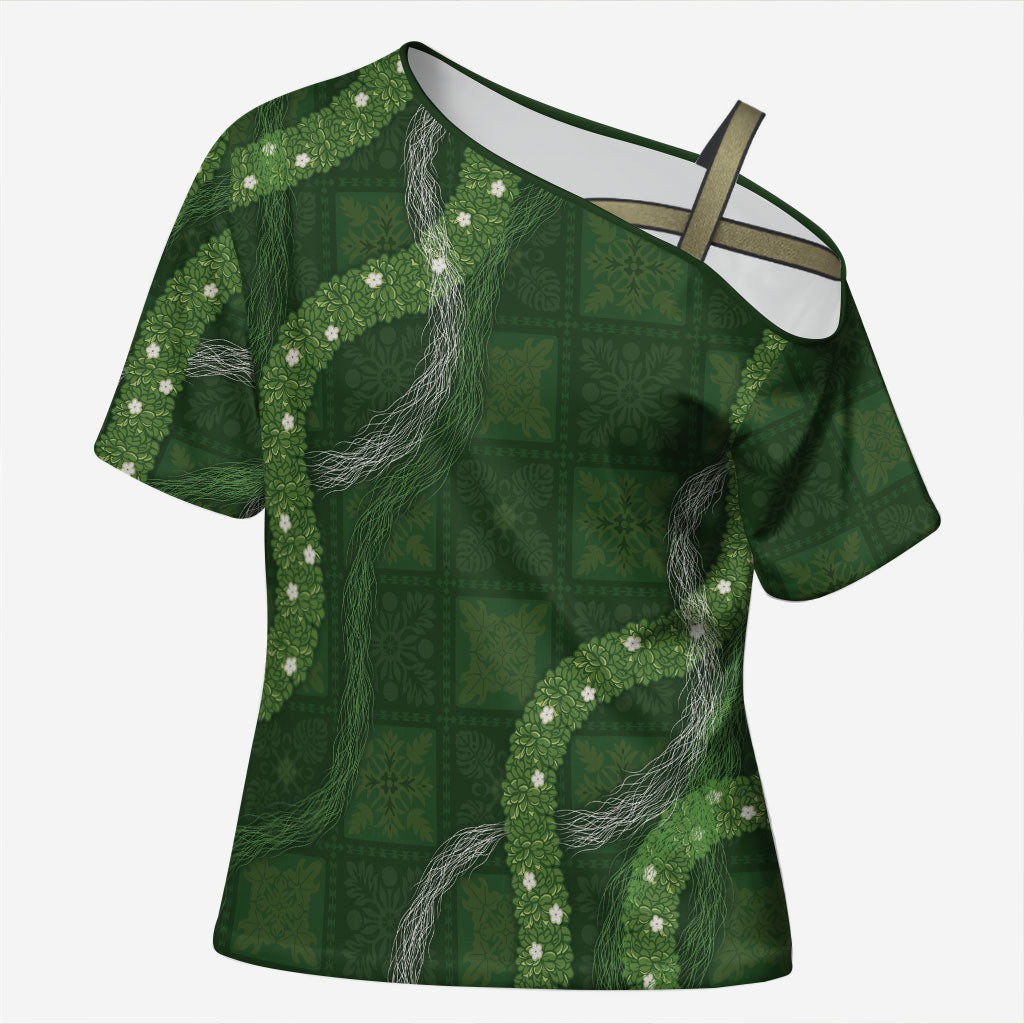 Hawaiian Quilt Cross Shoulder Shirt Pele Hair Hinahina Lei Green Version
