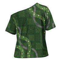 Hawaiian Quilt Cross Shoulder Shirt Pele Hair Hinahina Lei Green Version