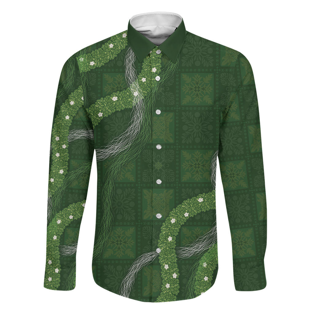Hawaiian Quilt Family Matching Mermaid Dress and Hawaiian Shirt Pele Hair Hinahina Lei Green Version LT05 Dad's Shirt - Long Sleeve Green - Polynesian Pride