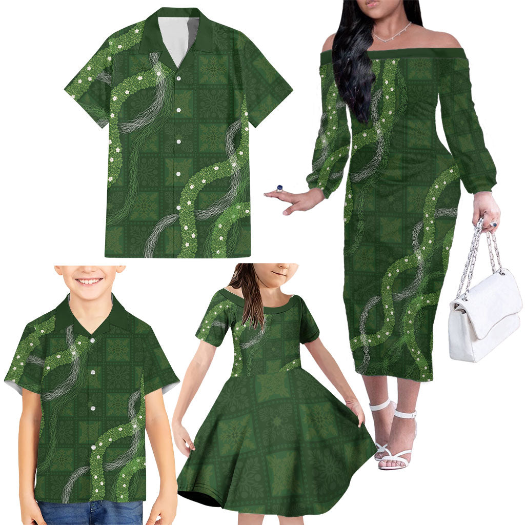 Hawaiian Quilt Family Matching Off The Shoulder Long Sleeve Dress and Hawaiian Shirt Pele Hair Hinahina Lei Green Version LT05 - Polynesian Pride