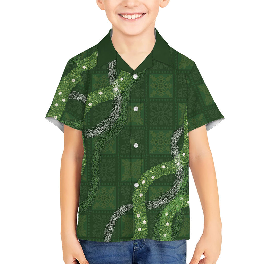 Hawaiian Quilt Family Matching Off The Shoulder Long Sleeve Dress and Hawaiian Shirt Pele Hair Hinahina Lei Green Version LT05 Son's Shirt Green - Polynesian Pride