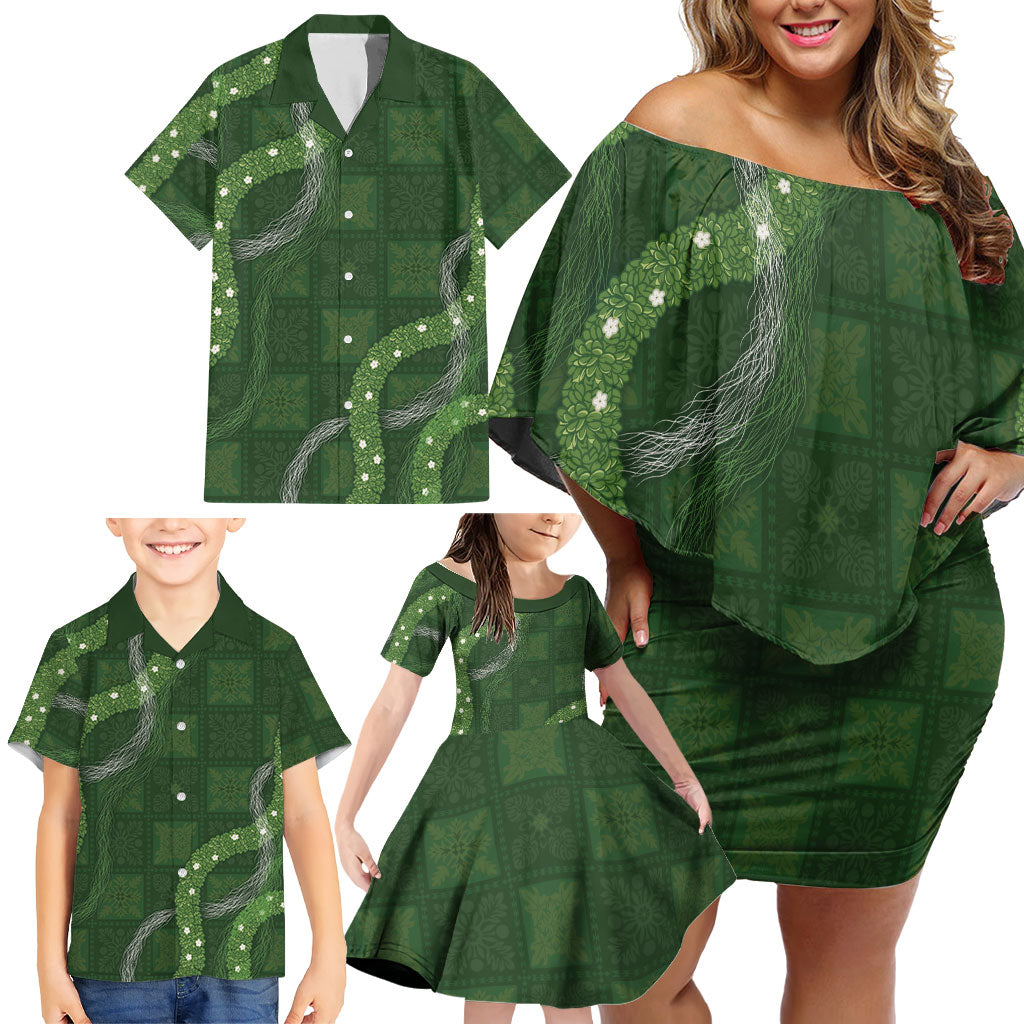 Hawaiian Quilt Family Matching Off Shoulder Short Dress and Hawaiian Shirt Pele Hair Hinahina Lei Green Version