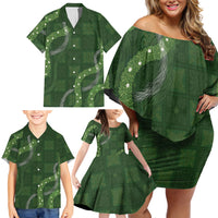 Hawaiian Quilt Family Matching Off Shoulder Short Dress and Hawaiian Shirt Pele Hair Hinahina Lei Green Version LT05 - Polynesian Pride