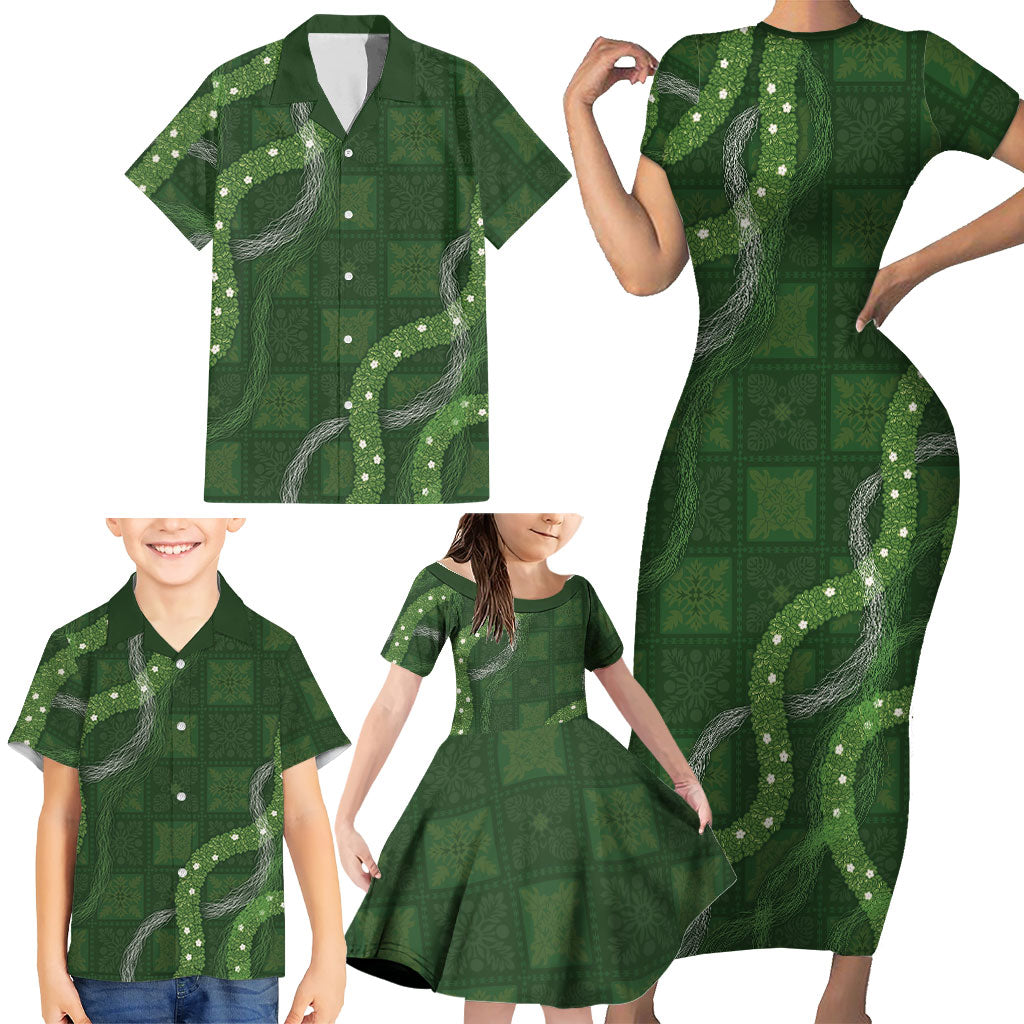 Hawaiian Quilt Family Matching Short Sleeve Bodycon Dress and Hawaiian Shirt Pele Hair Hinahina Lei Green Version LT05 - Polynesian Pride