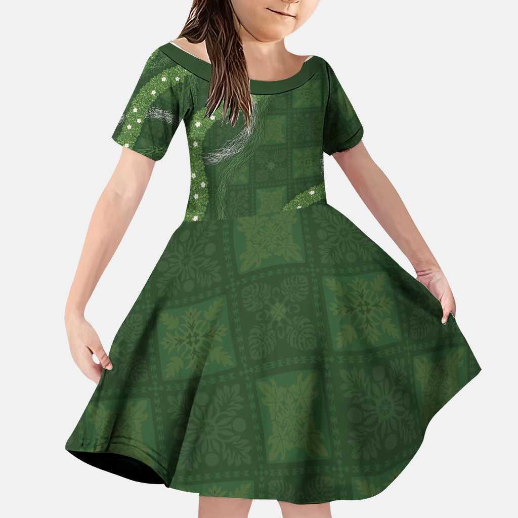 Hawaiian Quilt Family Matching Tank Maxi Dress and Hawaiian Shirt Pele Hair Hinahina Lei Green Version LT05 Daughter's Dress Green - Polynesian Pride