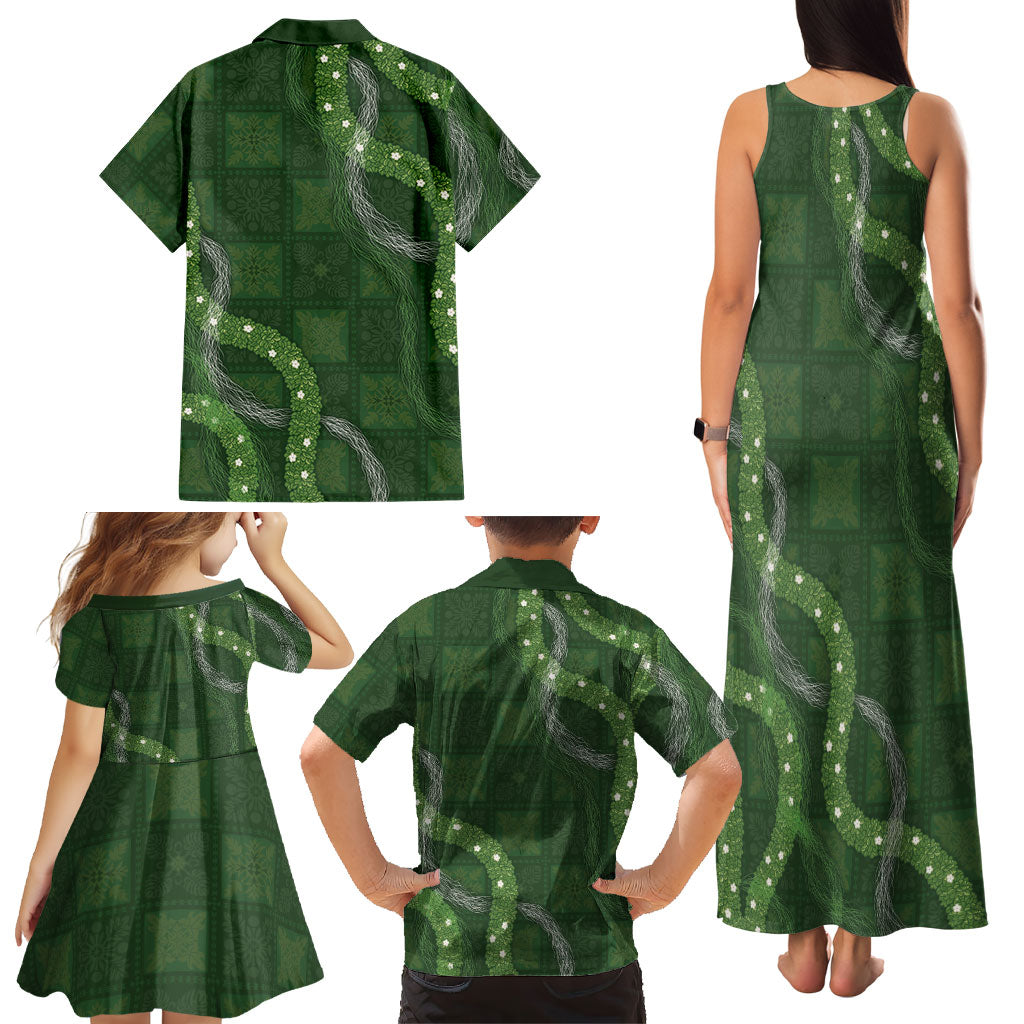 Hawaiian Quilt Family Matching Tank Maxi Dress and Hawaiian Shirt Pele Hair Hinahina Lei Green Version LT05 - Polynesian Pride