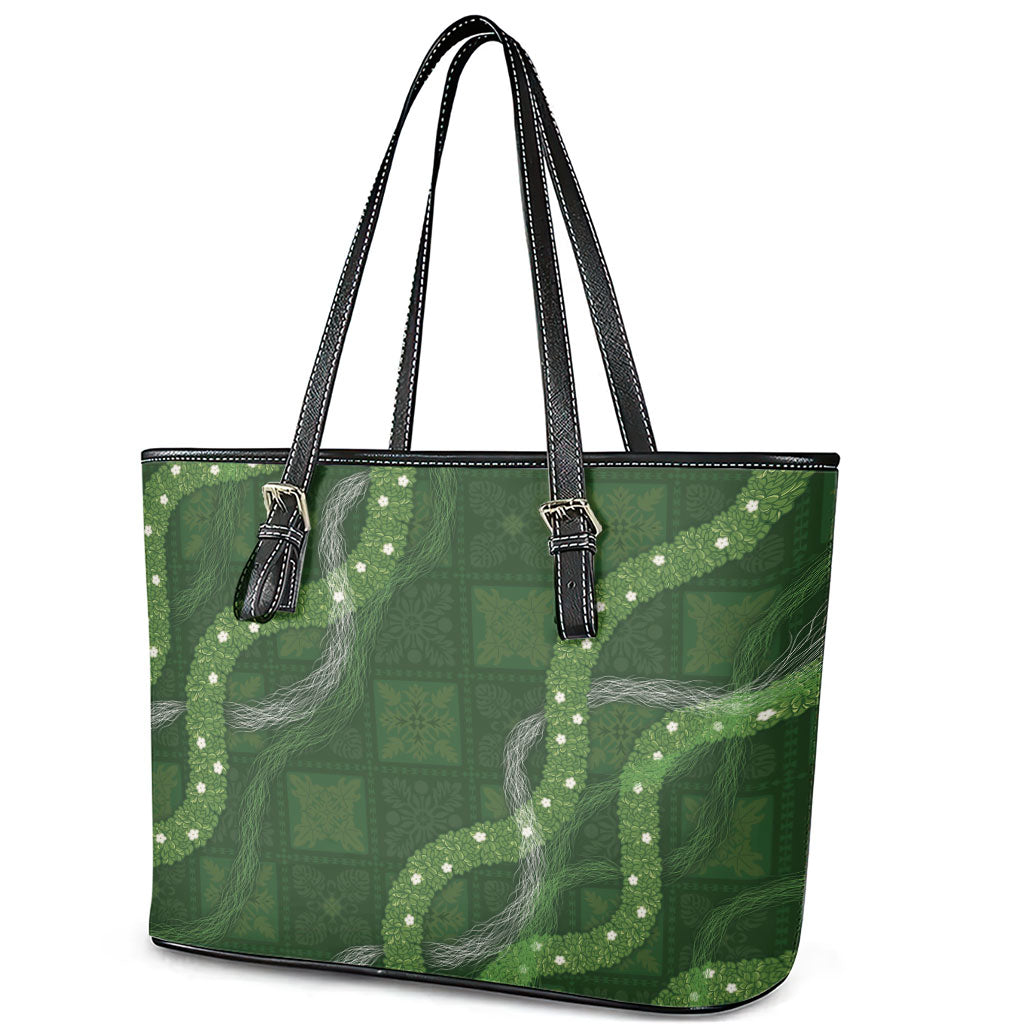 Hawaiian Quilt Leather Tote Bag Pele Hair Hinahina Lei Green Version