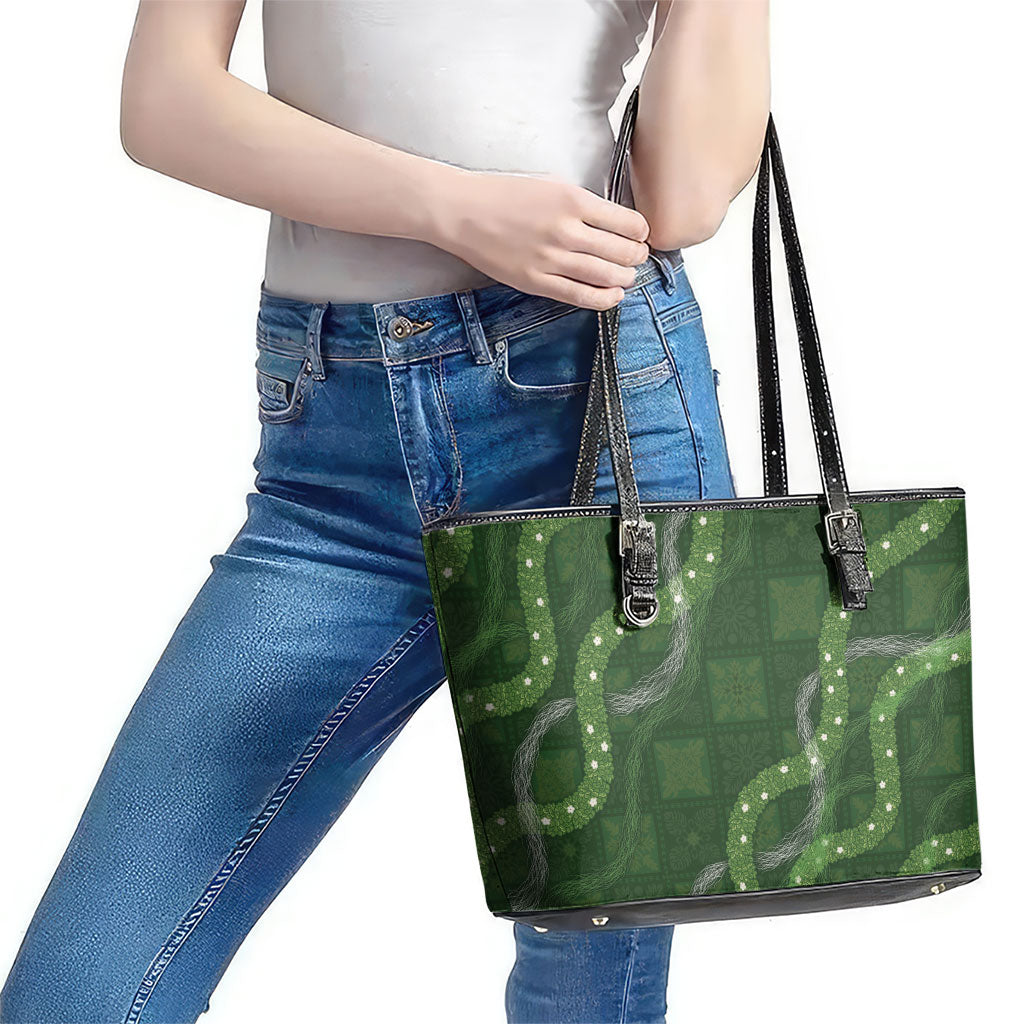 Hawaiian Quilt Leather Tote Bag Pele Hair Hinahina Lei Green Version