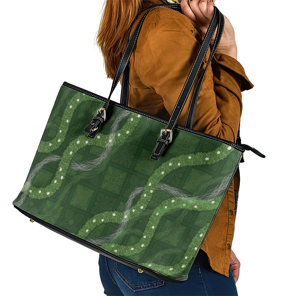 Hawaiian Quilt Leather Tote Bag Pele Hair Hinahina Lei Green Version