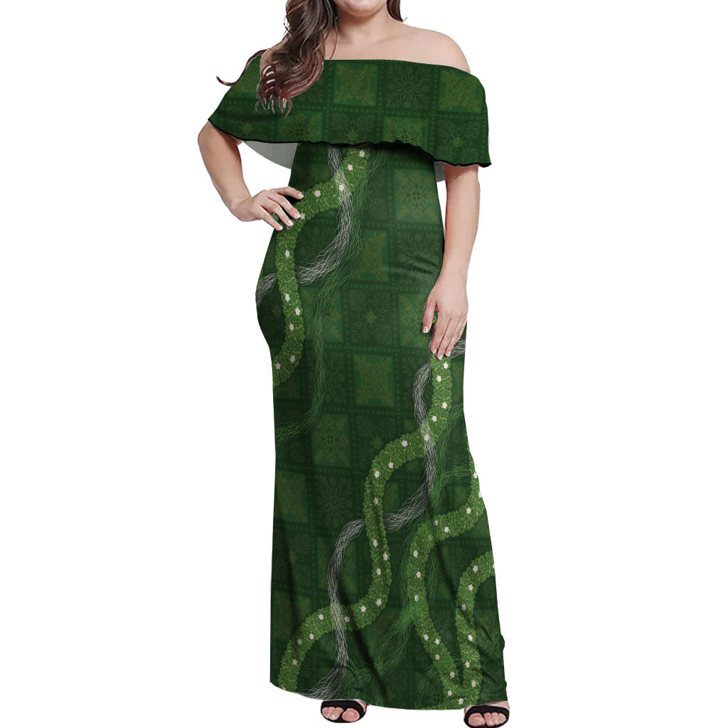 Hawaiian Quilt Off Shoulder Maxi Dress Pele Hair Hinahina Lei Green Version