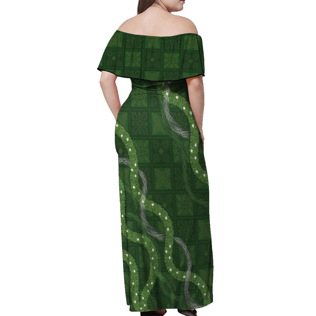 Hawaiian Quilt Off Shoulder Maxi Dress Pele Hair Hinahina Lei Green Version