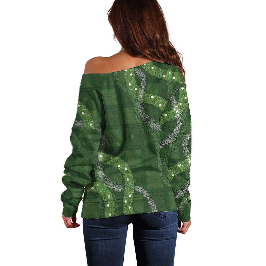 Hawaiian Quilt Off Shoulder Sweater Pele Hair Hinahina Lei Green Version