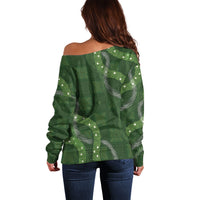 Hawaiian Quilt Off Shoulder Sweater Pele Hair Hinahina Lei Green Version