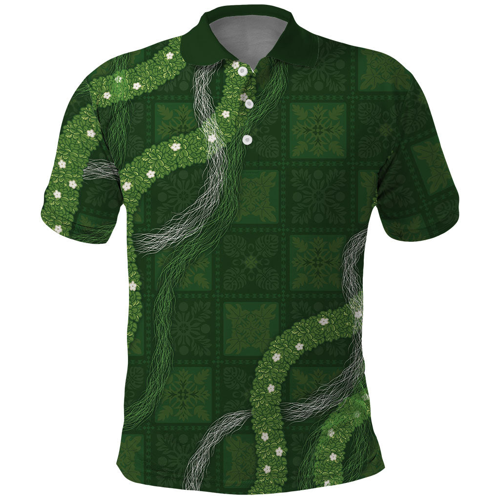 Hawaiian Quilt Polo Shirt Pele Hair Hinahina Lei Green Version