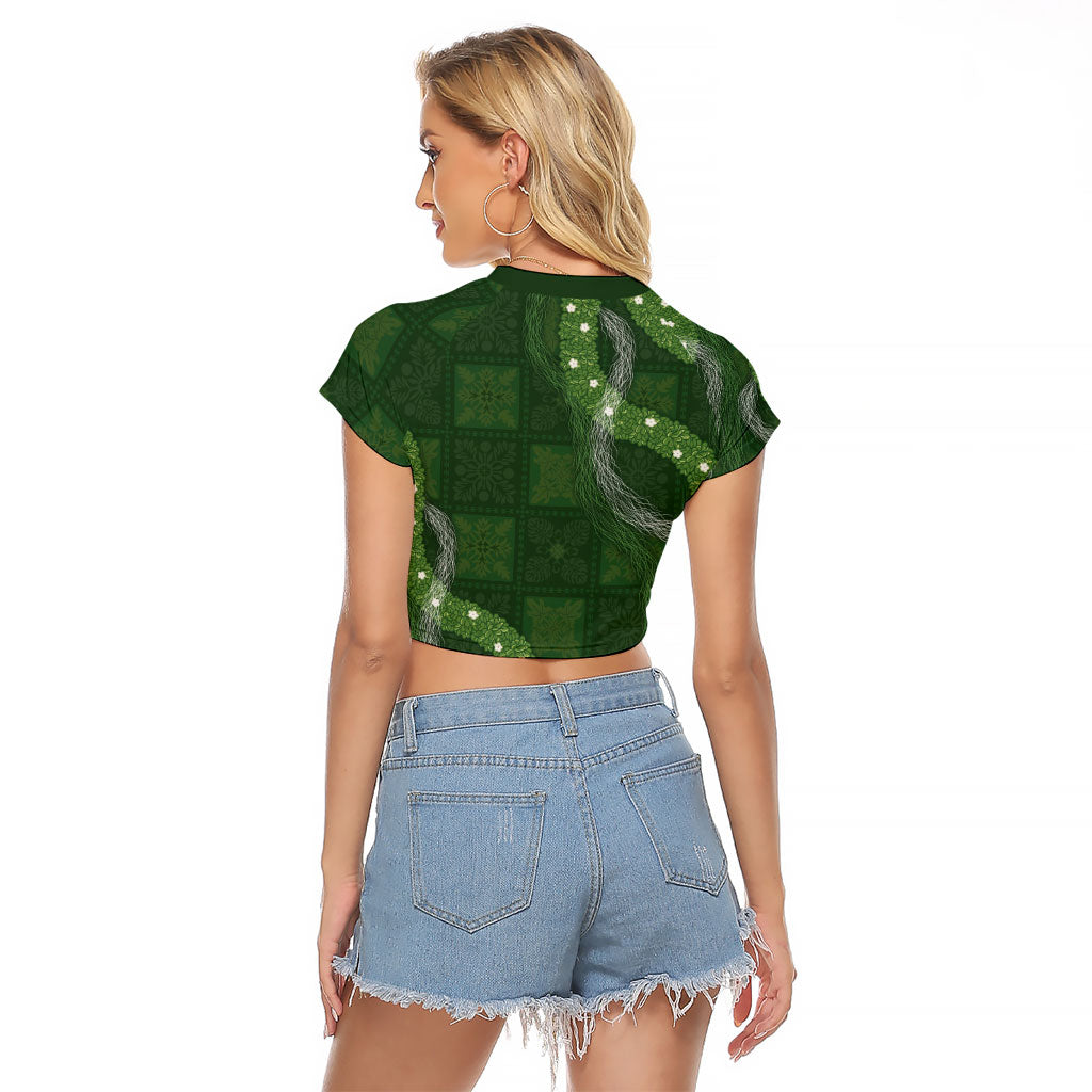 Hawaiian Quilt Raglan Cropped T Shirt Pele Hair Hinahina Lei Green Version