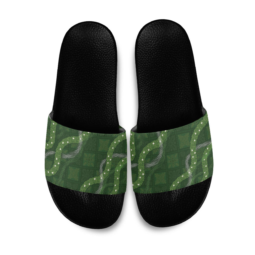 Hawaiian Quilt Slide Sandals Pele Hair Hinahina Lei Green Version