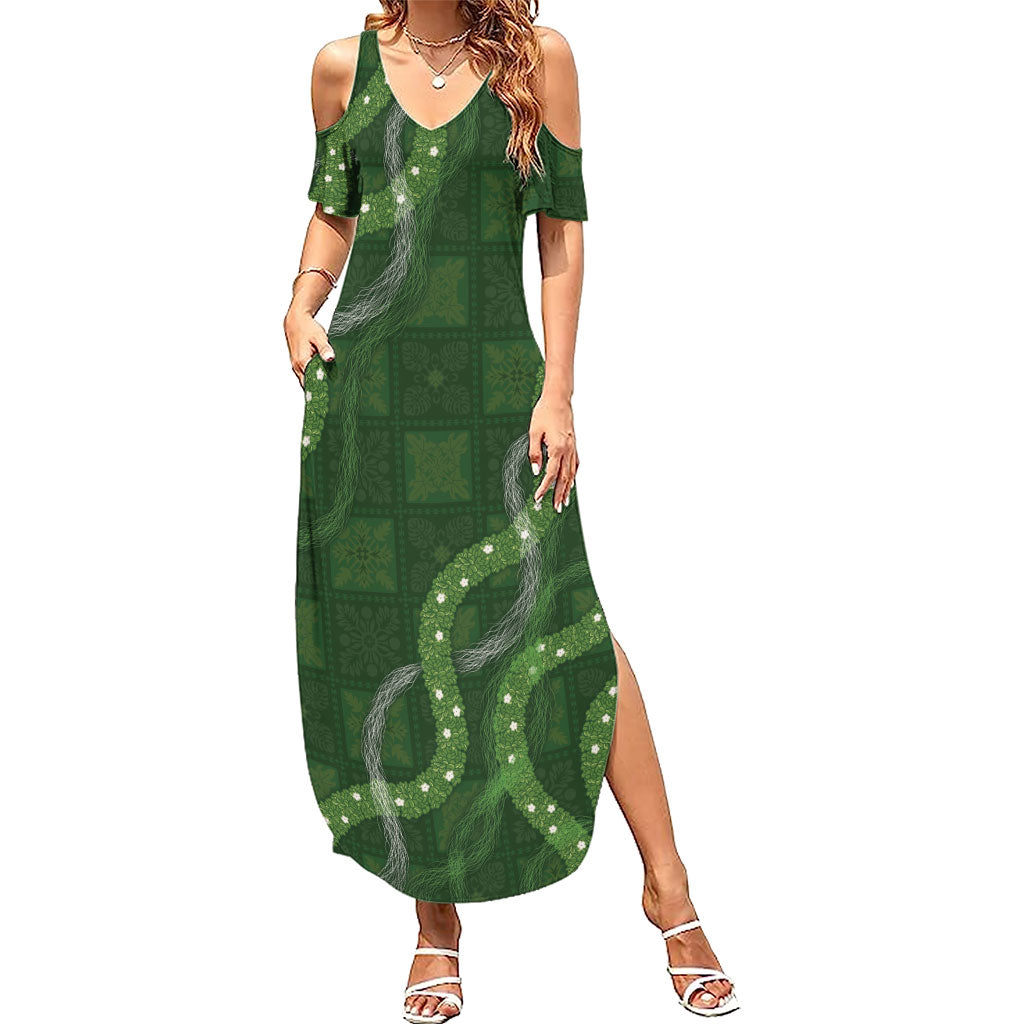 Hawaiian Quilt Summer Maxi Dress Pele Hair Hinahina Lei Green Version