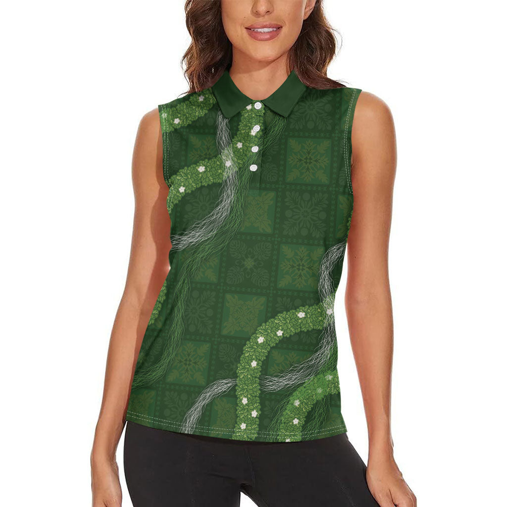 Hawaiian Quilt Women Sleeveless Polo Shirt Pele Hair Hinahina Lei Green Version LT05 - Polynesian Pride