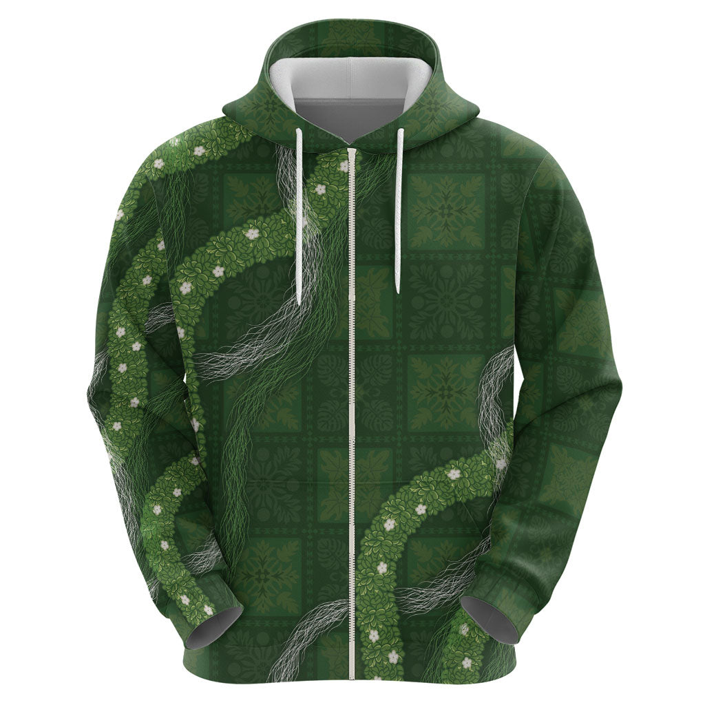 Hawaiian Quilt Zip Hoodie Pele Hair Hinahina Lei Green Version