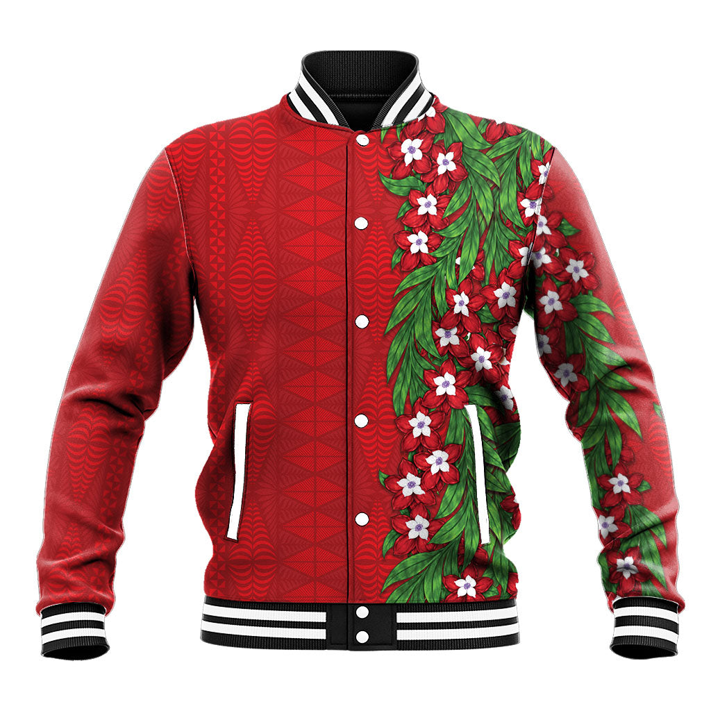 Tonga Language Week Baseball Jacket Heilala Floral Red LT05 Unisex Red - Polynesian Pride