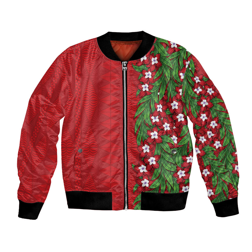 Tonga Language Week Bomber Jacket Heilala Floral Red LT05 Unisex Red - Polynesian Pride