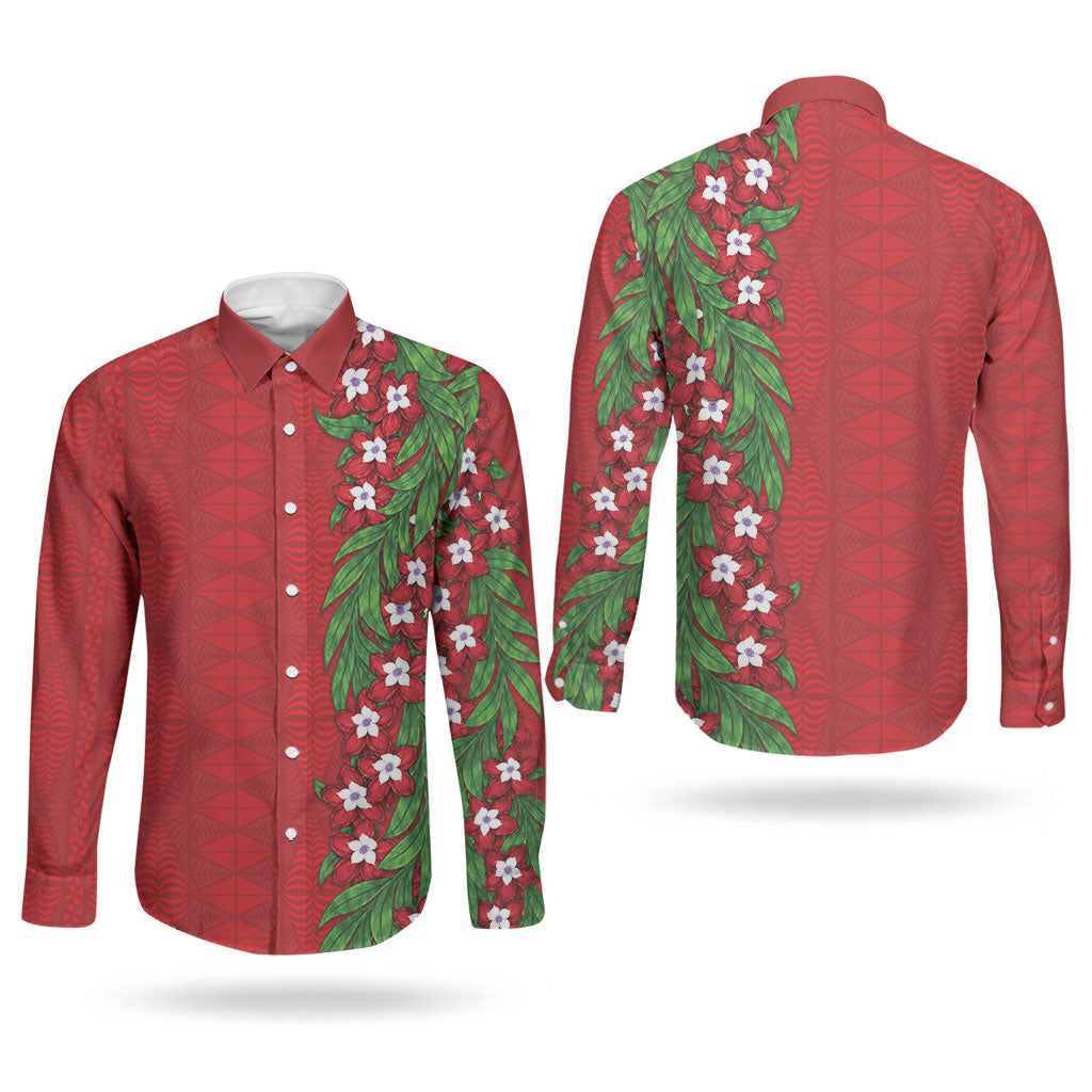 Tonga Language Week Couples Matching Long Sleeve Bodycon Dress and Long Sleeve Button Shirt Heilala Floral Red