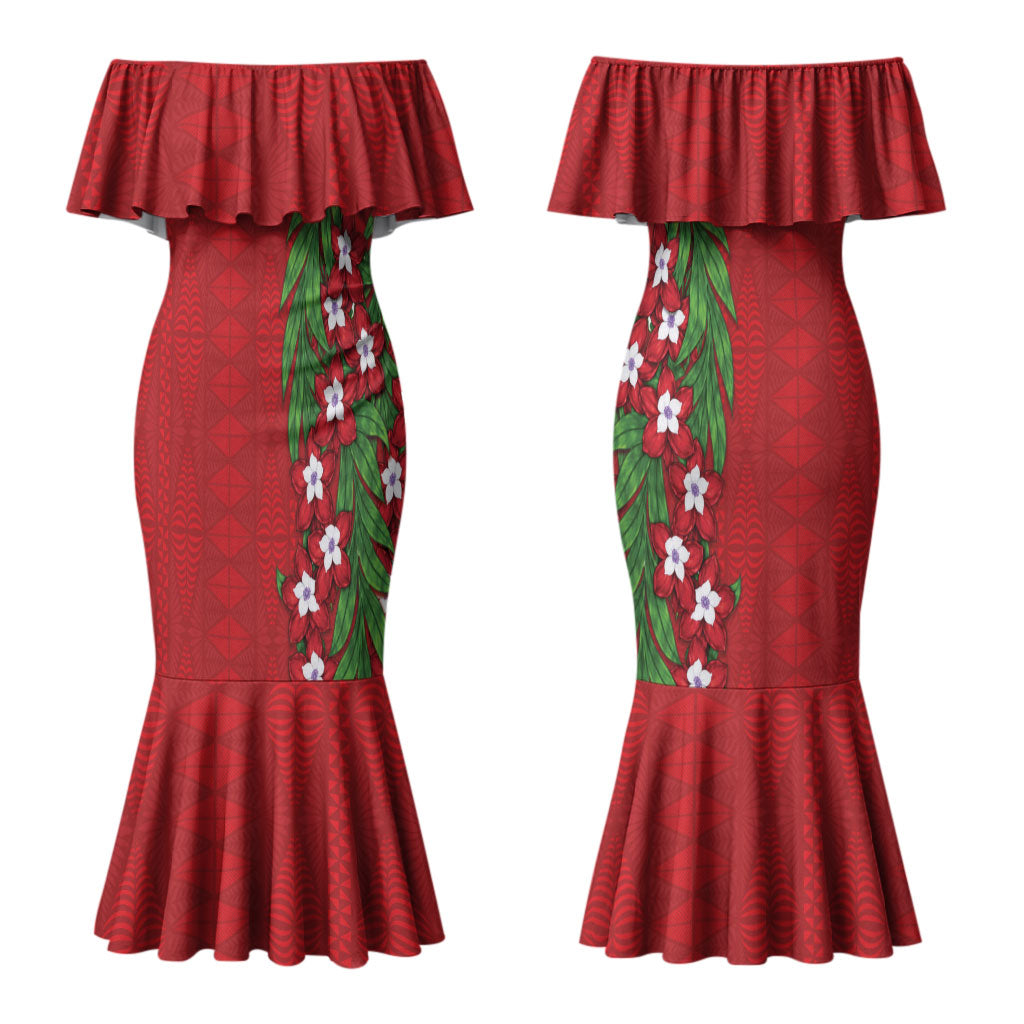 Tonga Language Week Couples Matching Mermaid Dress and Long Sleeve Button Shirt Heilala Floral Red