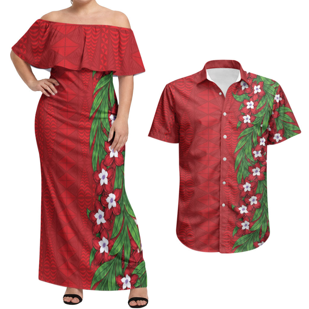 Tonga Language Week Couples Matching Off Shoulder Maxi Dress and Hawaiian Shirt Heilala Floral Red