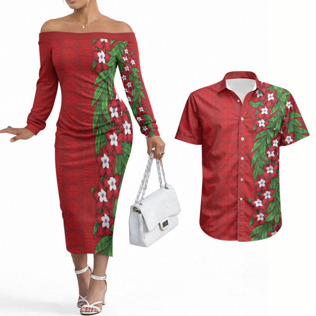 Tonga Language Week Couples Matching Off The Shoulder Long Sleeve Dress and Hawaiian Shirt Heilala Floral Red LT05 Red - Polynesian Pride