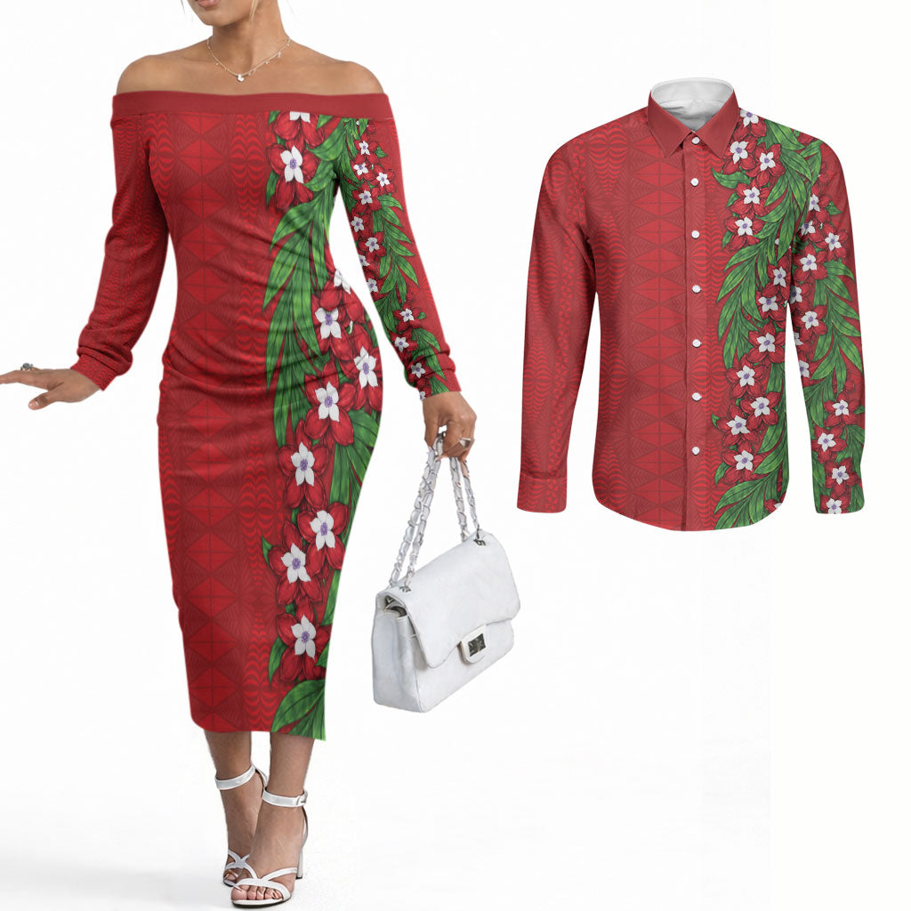 Tonga Language Week Couples Matching Off The Shoulder Long Sleeve Dress and Long Sleeve Button Shirt Heilala Floral Red LT05 Red - Polynesian Pride