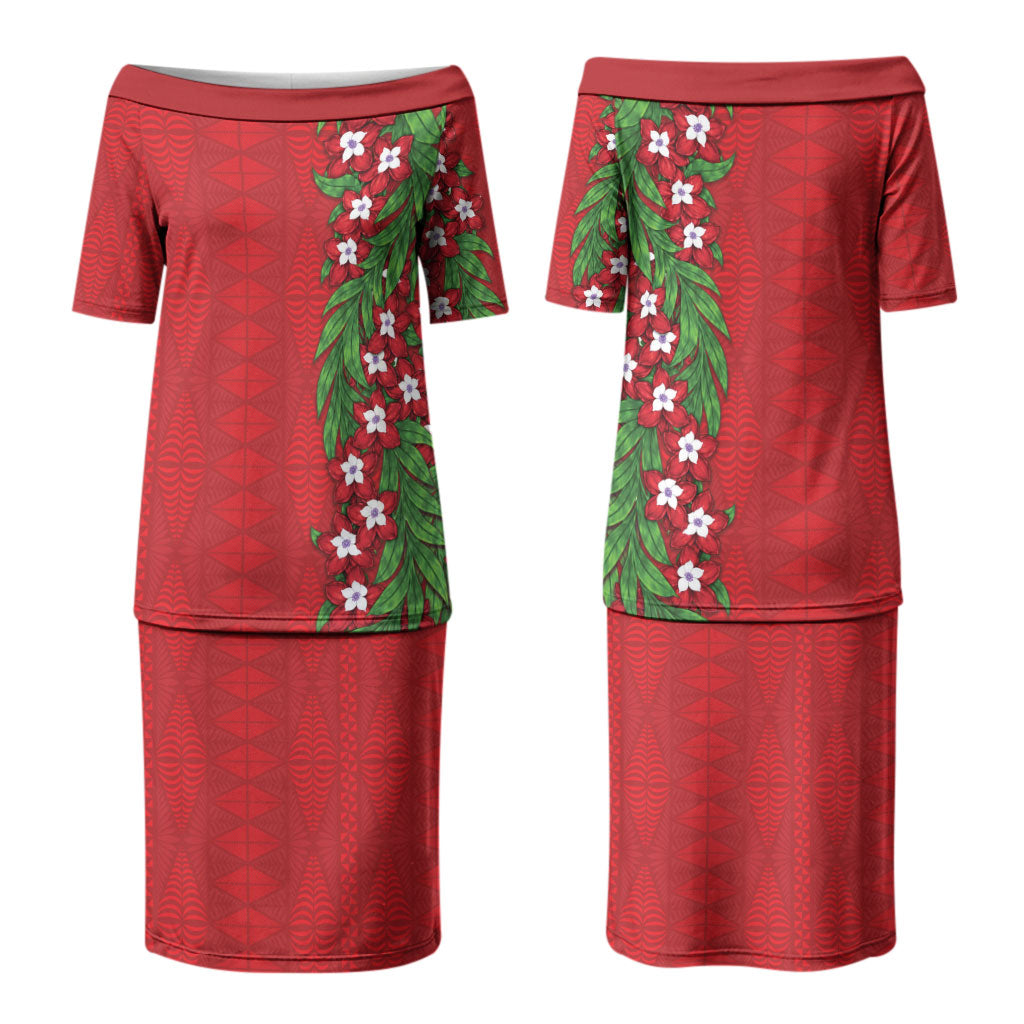 Tonga Language Week Couples Matching Puletasi and Long Sleeve Button Shirt Heilala Floral Red