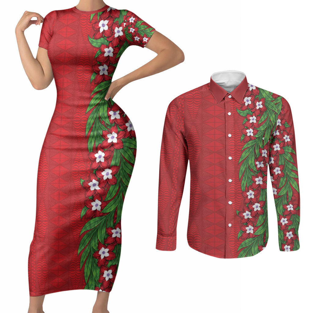 Tonga Language Week Couples Matching Short Sleeve Bodycon Dress and Long Sleeve Button Shirt Heilala Floral Red LT05 Red - Polynesian Pride