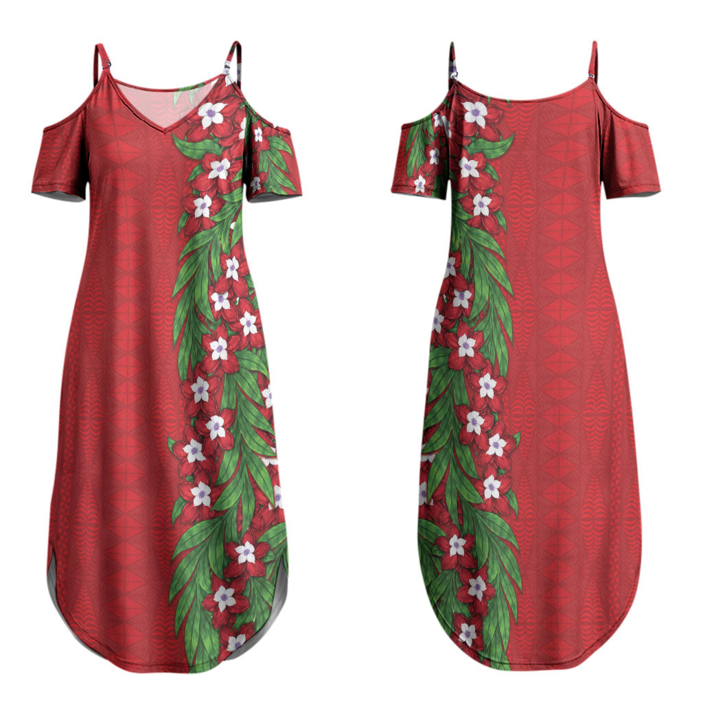 Tonga Language Week Couples Matching Summer Maxi Dress and Long Sleeve Button Shirt Heilala Floral Red