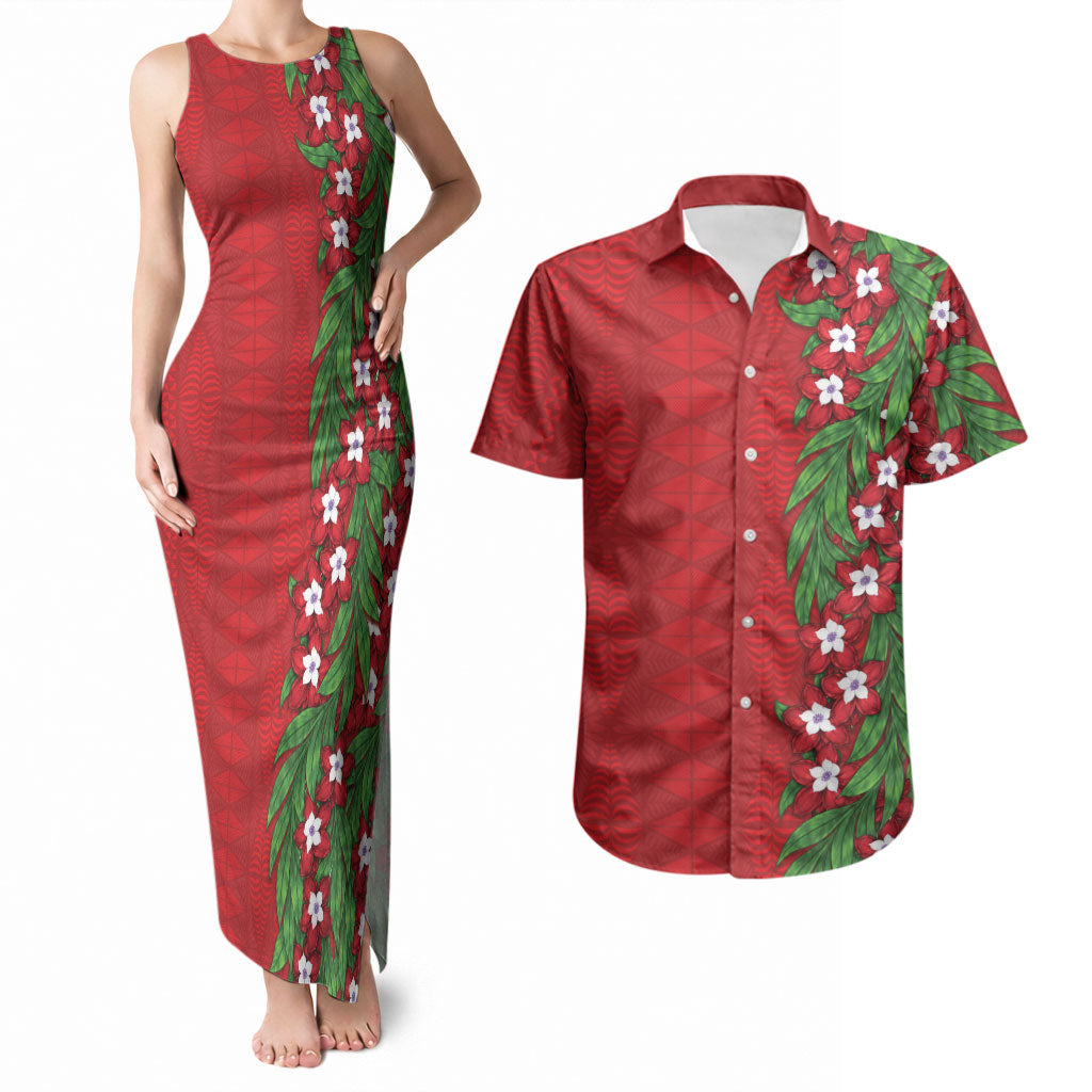 Tonga Language Week Couples Matching Tank Maxi Dress and Hawaiian Shirt Heilala Floral Red LT05 Red - Polynesian Pride