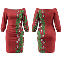 Tonga Language Week Family Matching Off The Shoulder Long Sleeve Dress and Hawaiian Shirt Heilala Floral Red