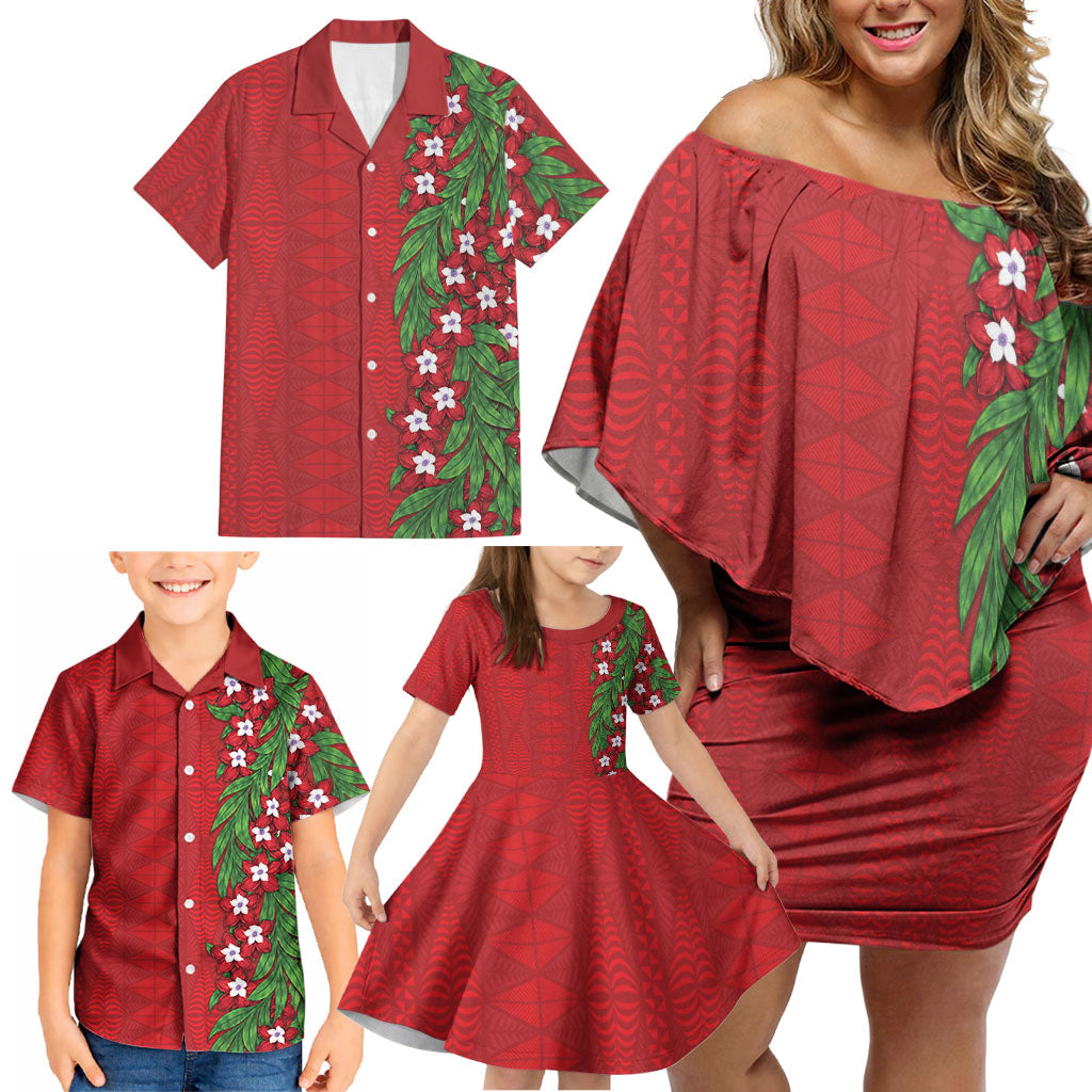 Tonga Language Week Family Matching Off Shoulder Short Dress and Hawaiian Shirt Heilala Floral Red
