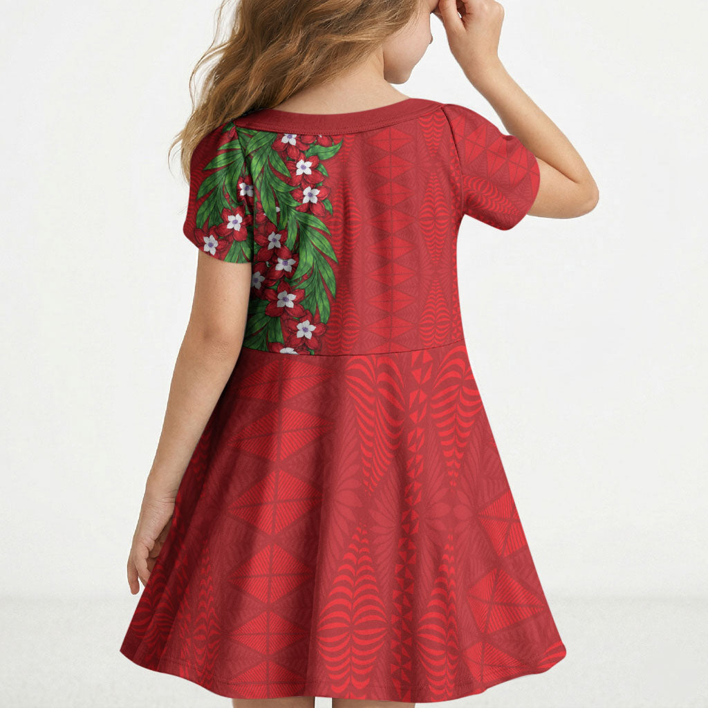 Tonga Language Week Kid Short Sleeve Dress Heilala Floral Red