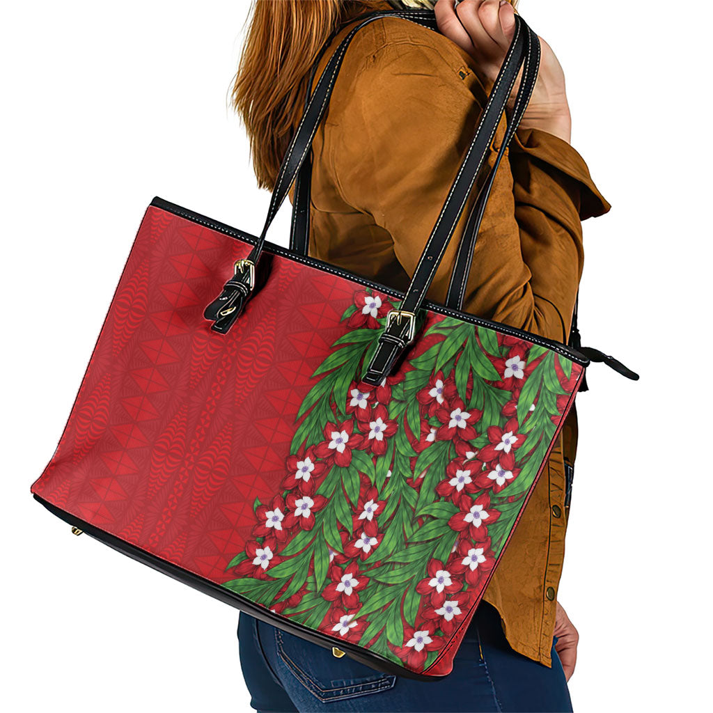Tonga Language Week Leather Tote Bag Heilala Floral Red
