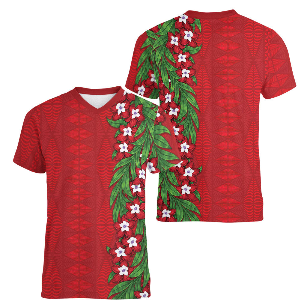 Tonga Language Week Women V-Neck T-Shirt Heilala Floral Red